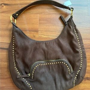 Gold Studded Brown Leather Hobo Bag